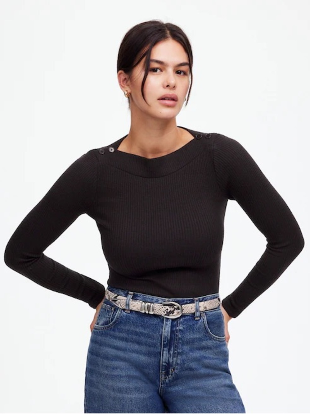Madewell Boatneck Long Sleeve Tee Ribbed Small Black NEW